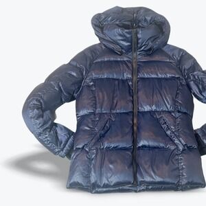 S13 NY Down Feather Puffer Coat Kylie Glossy Navy Blue Hooded Full Zip Womens XL